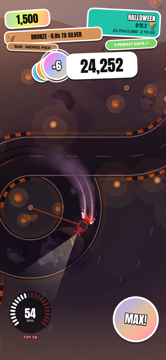 continental drift on halloween night: the red car hooked to a roundabout’s post by its rope, drifting round in a trail of smoke, a ×6 combo and a bronze pace sticker at the top