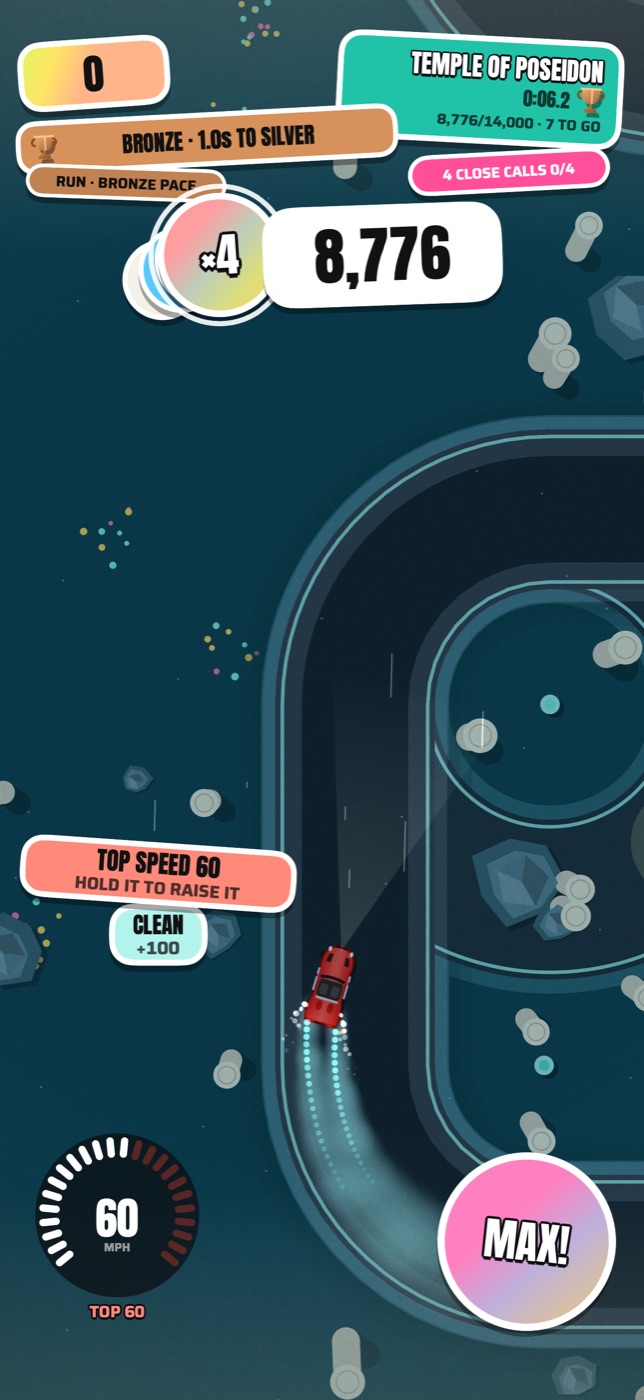 temple of poseidon under the sea: a teal road through coral and columns, the car drifting round a post